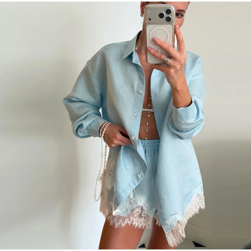 Casual Lace Patchwork Shirt and Shorts Set for Women