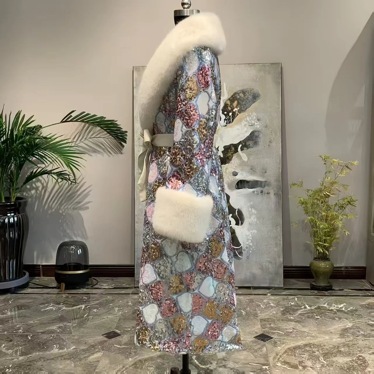 Faux Fur Coat for Women,Adjustable Waist Long Jacket,V-Neck Outwear,Sequins,Spliced,Luxury,Autumn and Winter