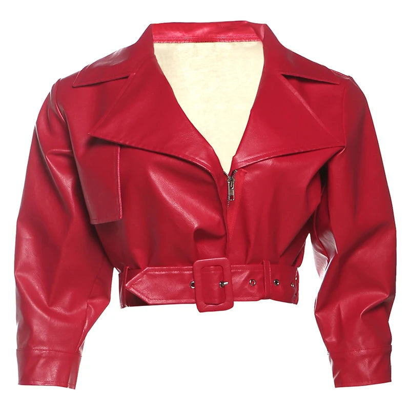Elegant Belted Faux Leather Cropped Jacket for Women