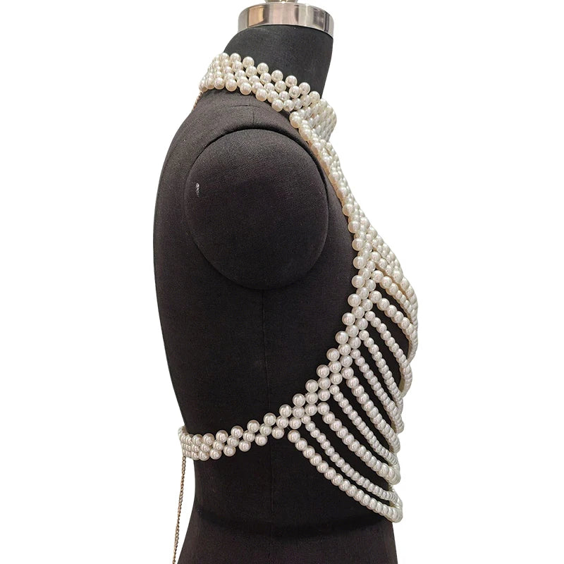 Multilayer White Pearl Bridal Halter Body Chain Jewelry For Women