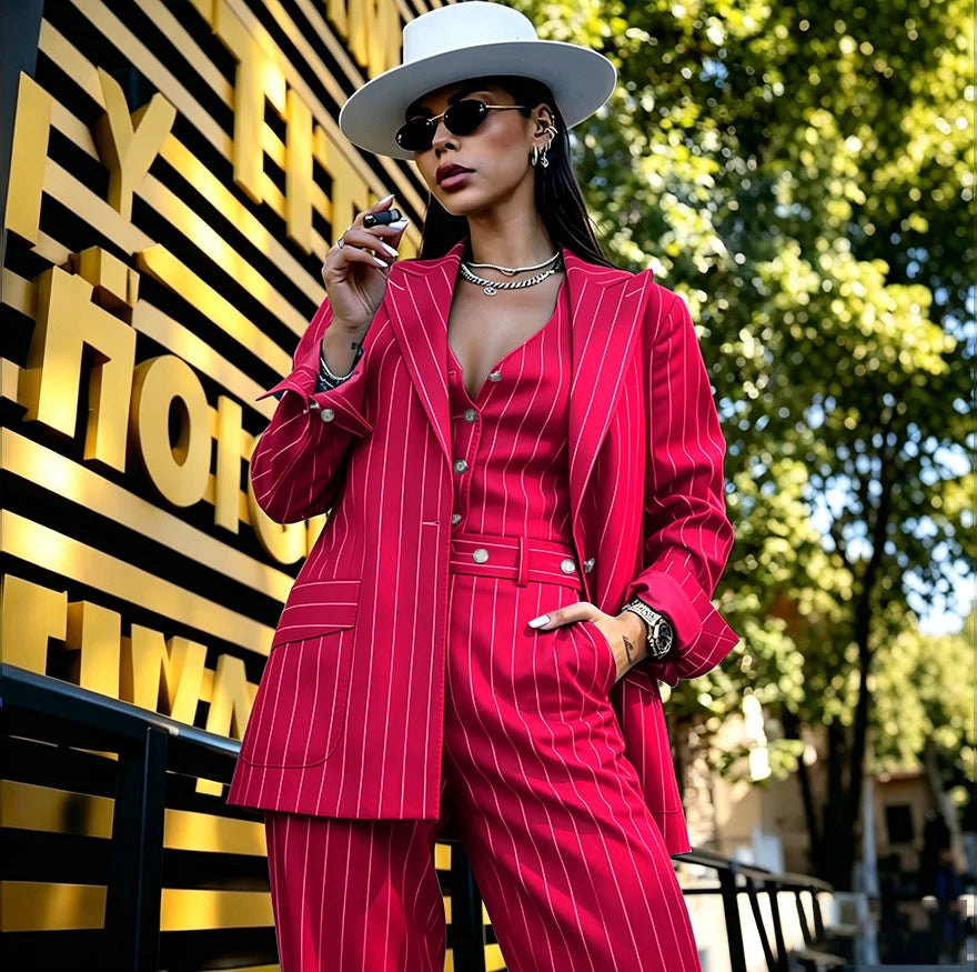 Slim Fit Green Pinstripe Three Piece Suit for Women
