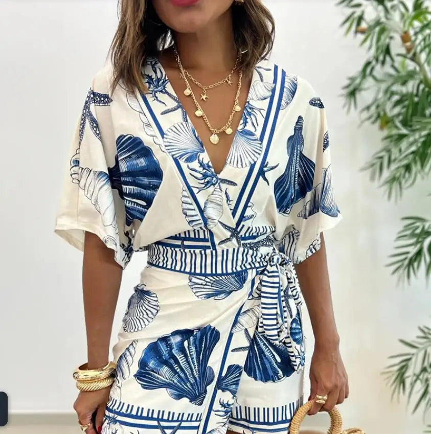 Seashell Starfish Print Wrap V Neck Short Sleeve Lace Up Romper for Women