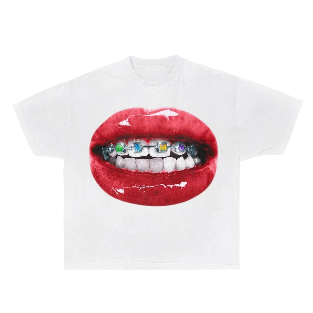 Artworks in Harajuku Streets Popular Women Rosy Lips Feature Print Shopping T-shirts Men Loose Elastic Summer Couple's Clothing