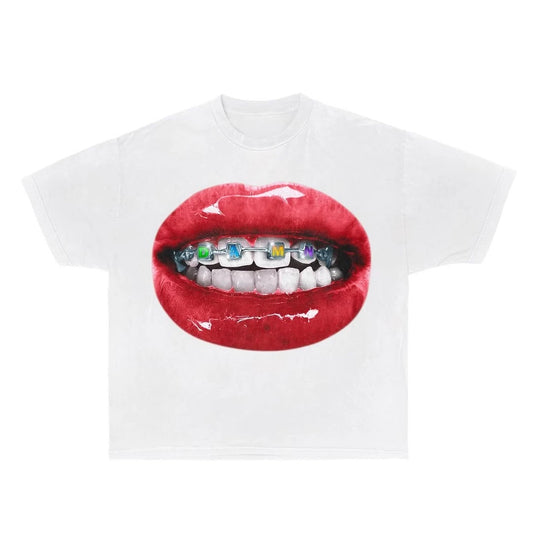 Artworks in Harajuku Streets Popular Women Rosy Lips Feature Print Shopping T-shirts Men Loose Elastic Summer Couple's Clothing