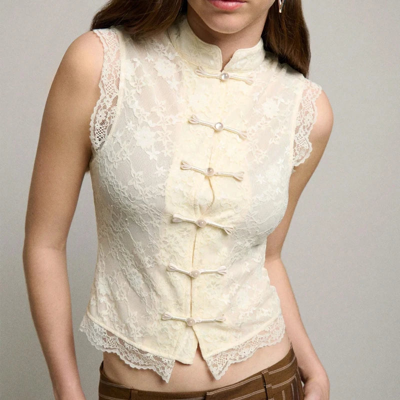 Floral Lace Front Hollow Out Split Mandarin Collar Tank Top for Women