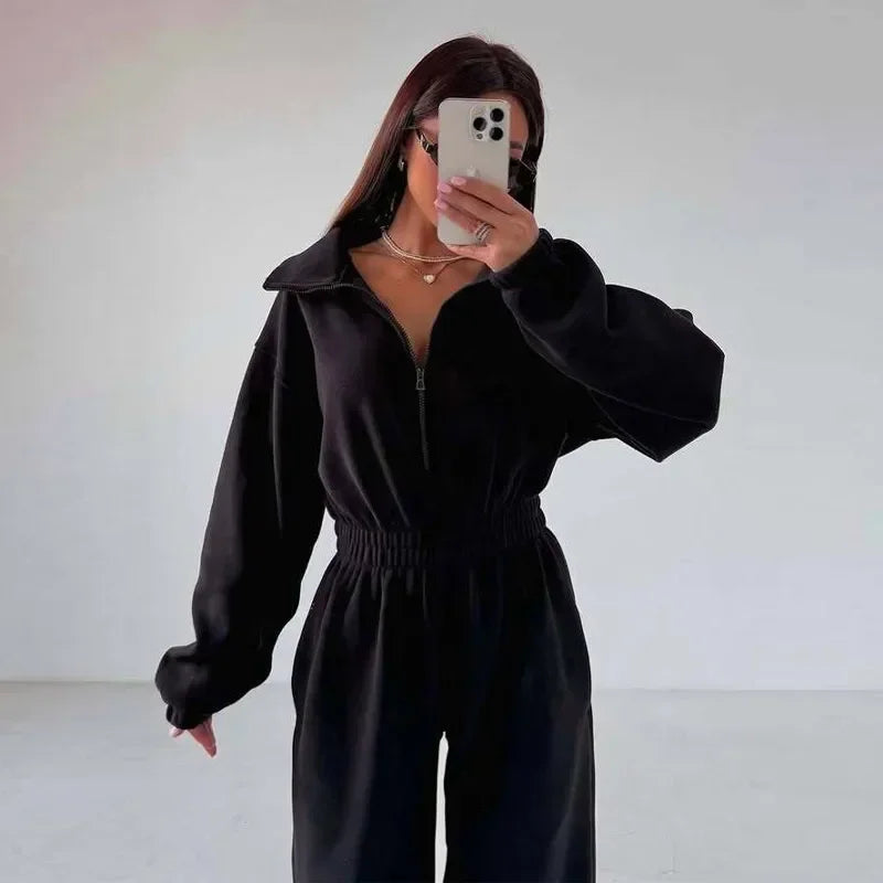 Casual Brown Stand Collar Long Sleeve Jumpsuit for Women