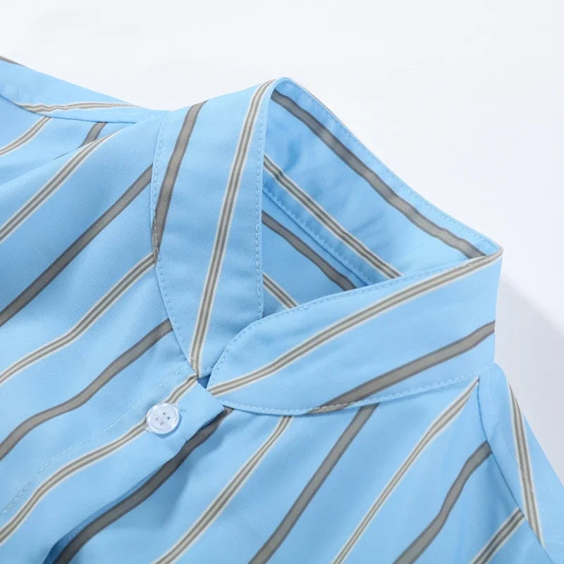 Blue Striped Puff Shoulder Shirt And Pants Set For Women
