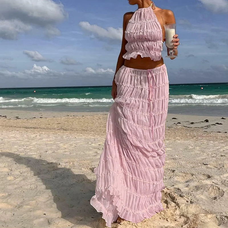 Boho Backless Halter Two Piece Beach Set for Women