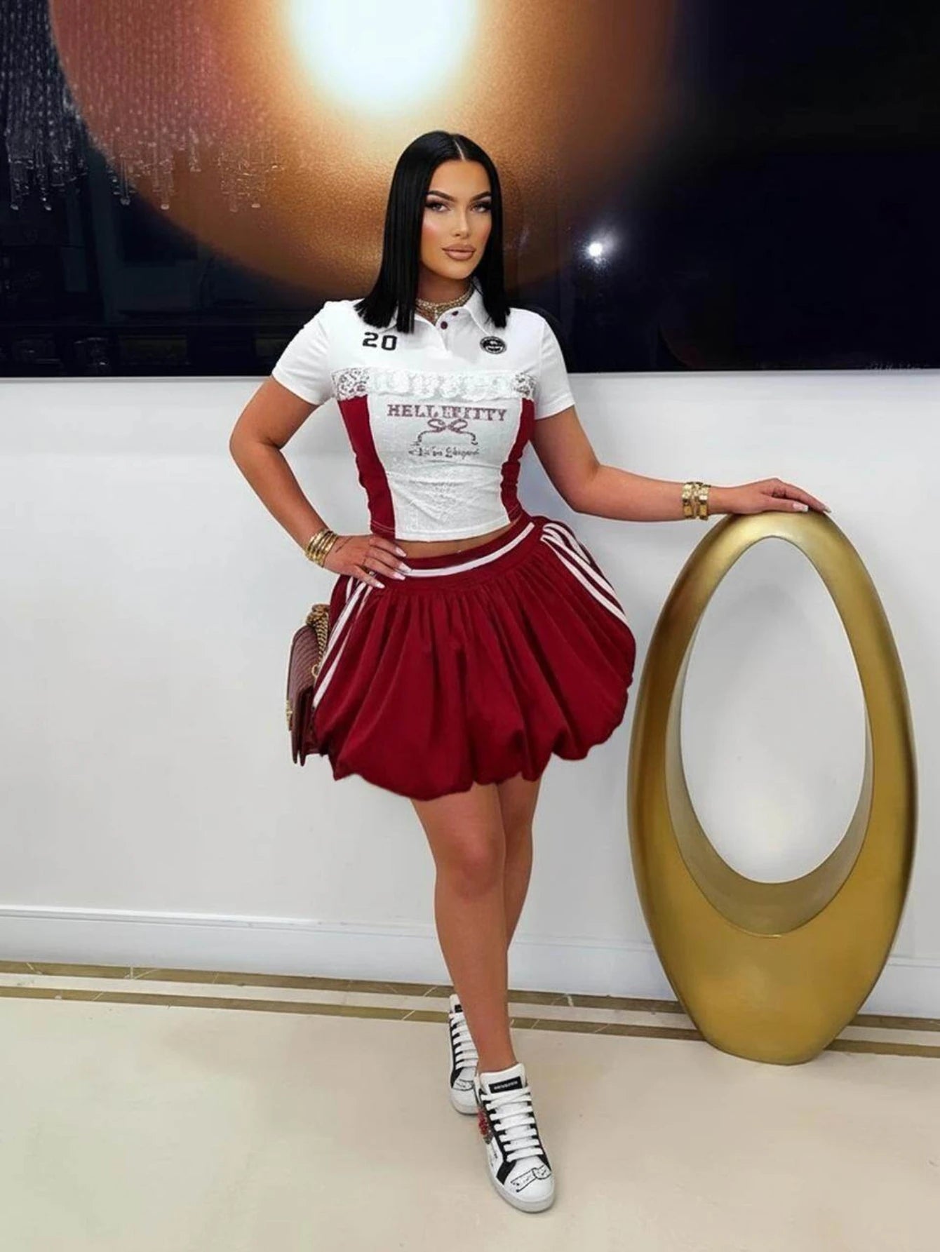 Women's Short Sleeve Color Block Polo Crop Top Matching Bubble Mini Skirt For Daily Street Sport Casual Weekend Occasions