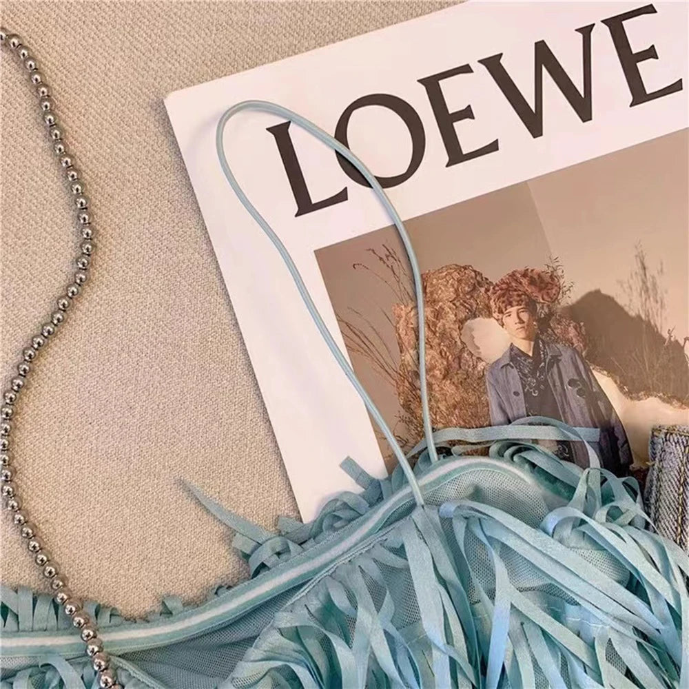 Chic Blue Fringe Tassel Halter Summer Top for Women