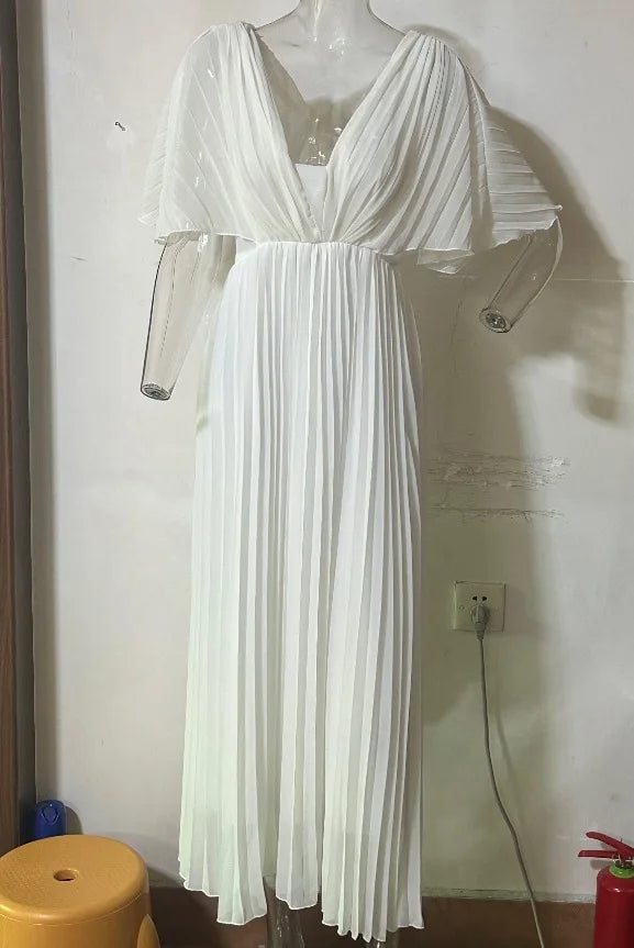 Solid Color V-Neck Bat-Sleeve High-Waisted Dress for Women