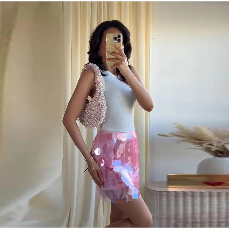 Sheer Chiffon Cape Top and Sequin Mini Skirt Set for Women