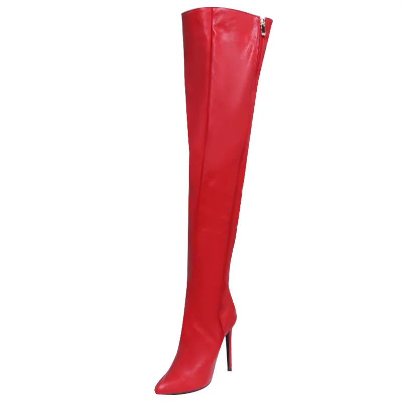 Fashion Leather Side Zipper Pointed Toe Stiletto Over The Knee Boots for Women