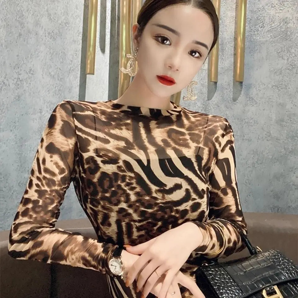 Top Female Mesh Leopard Print Women's Long Sleeve T-shirt Mature Spring Autumn Sexy Korean Reviews Many Clothes Japanese Vintage