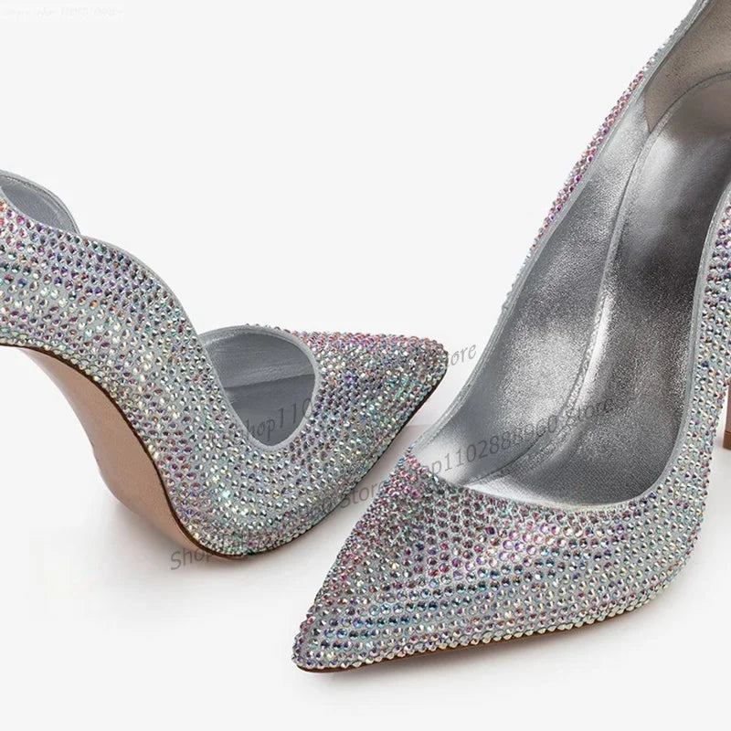 Deluxe Champagne Crystal Pointed Toe Covered Heel Pump for Women