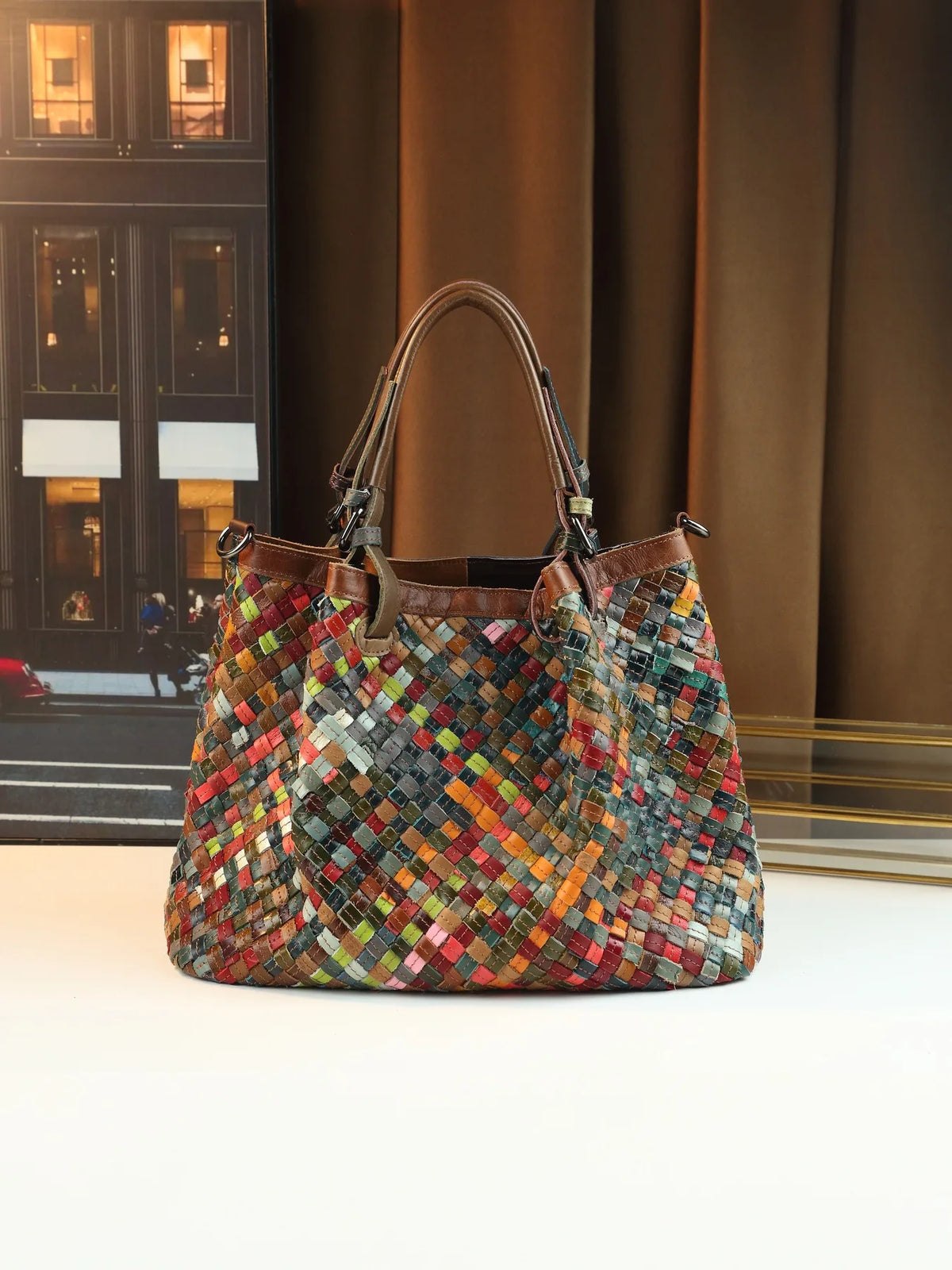 ABQP New Women's Handbag Made of Genuine Leather Hand Woven Women's Single Shoulder Crossbody Bag Color Spliced Women's Bag
