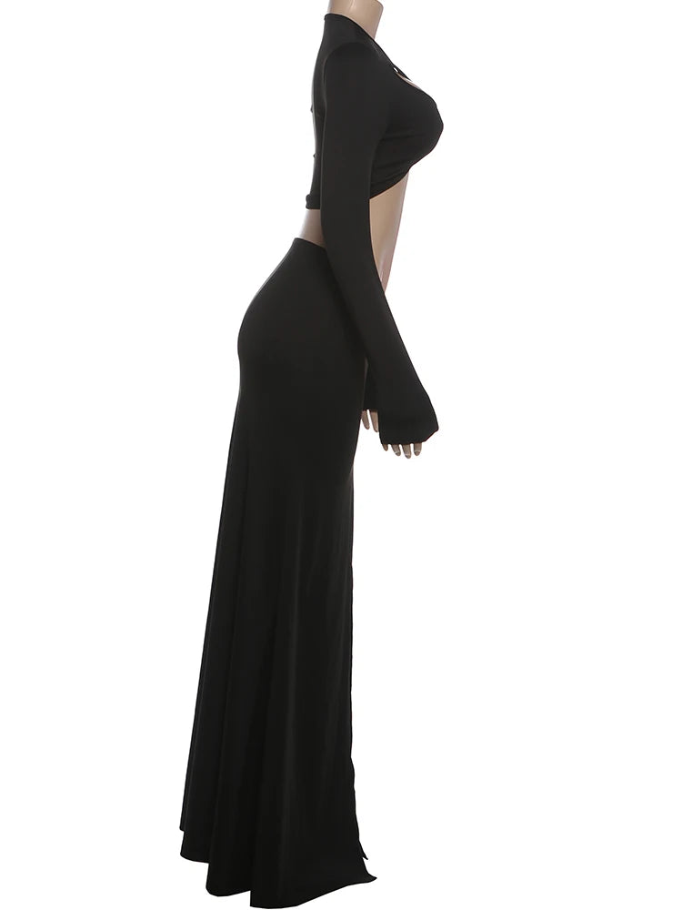 Elegant Hollowed Flowers V Neck Crop Top and Long Skirt Two Piece Set for Women
