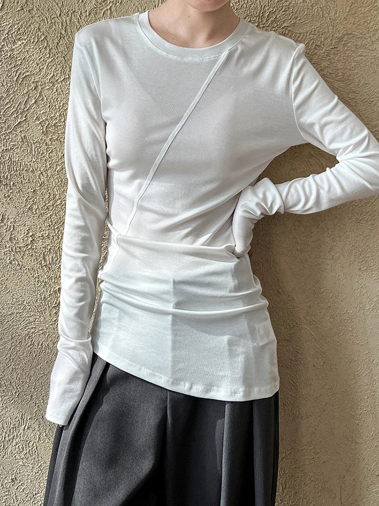 [EAM] Women Gray Thin Perspective Slim Irregular T-shirt New Round Neck Long Sleeve Fashion Tide Spring Autumn 2025 1DH9981