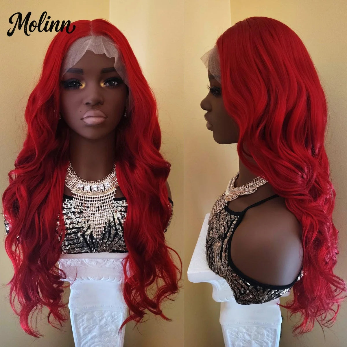 Bright Red Body Wave Heat Resistant Lace Front Wig for Women