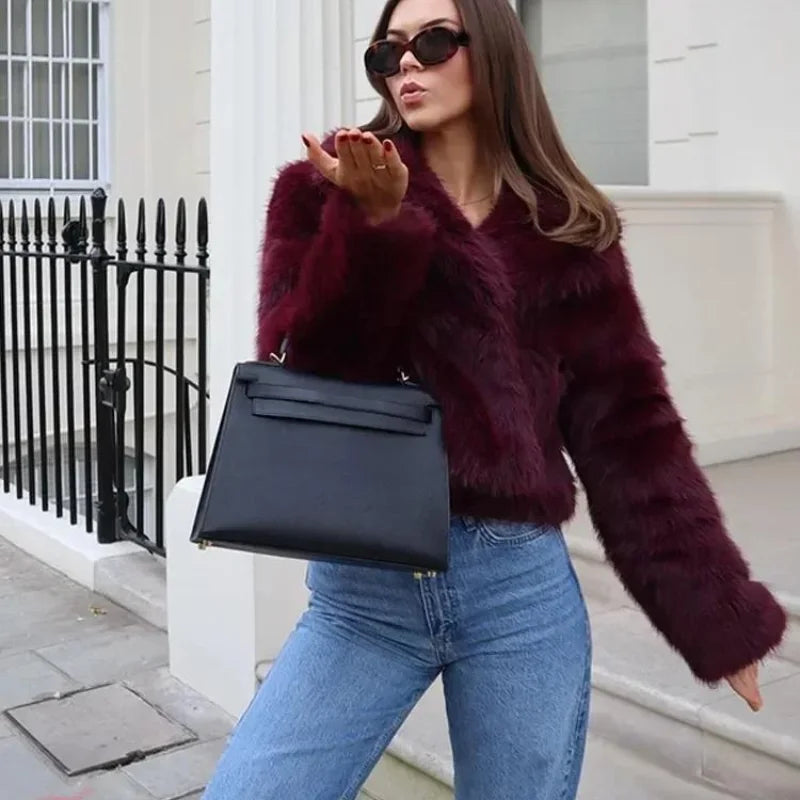 Burgundy Faux Fur Coat Vintage Long Sleeve Furry Warm Jacket Casual Fashion Women Coats 2025 Autumn High Street Lady Outerwear