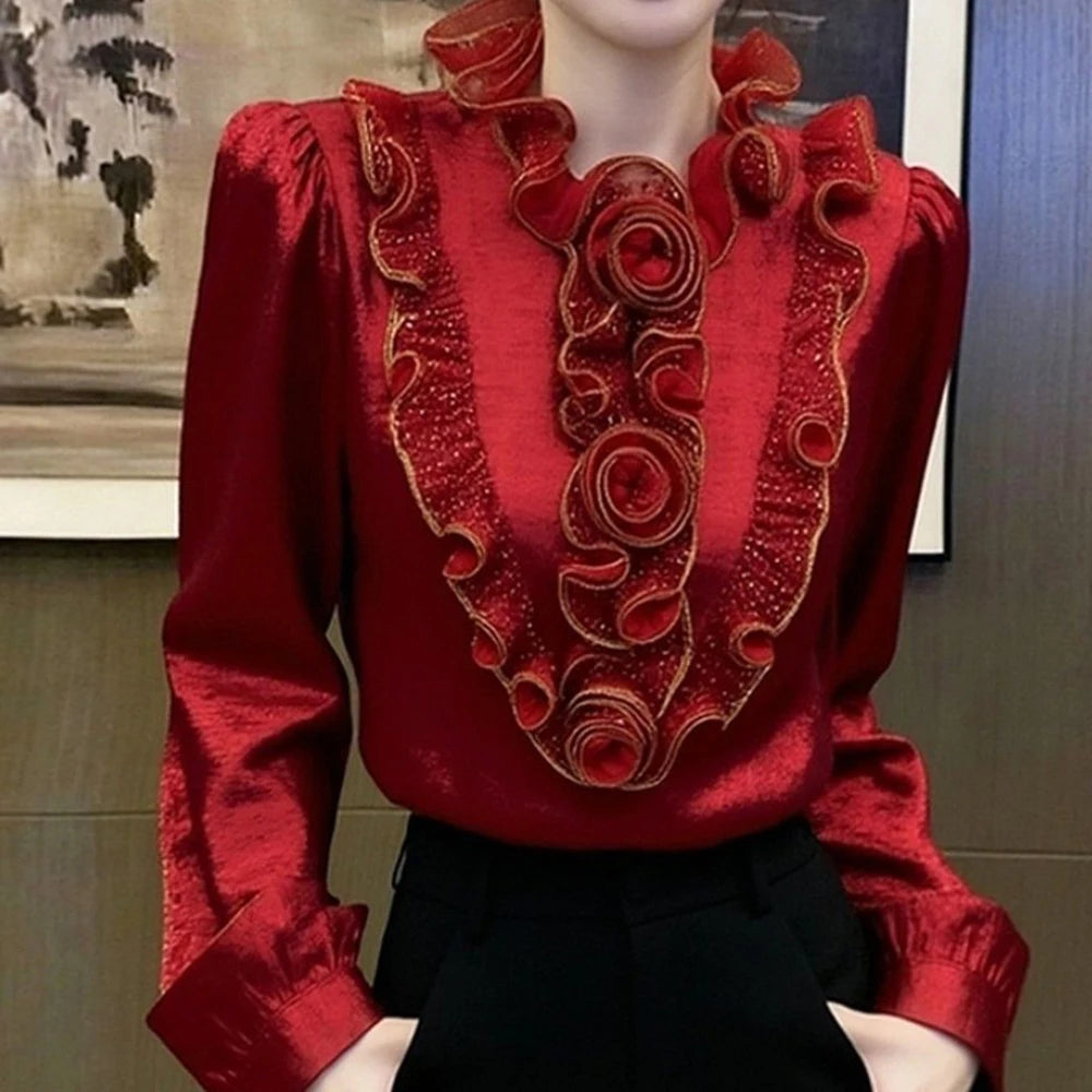 French Inspired Red Scalloped Edge Casual Top for Women