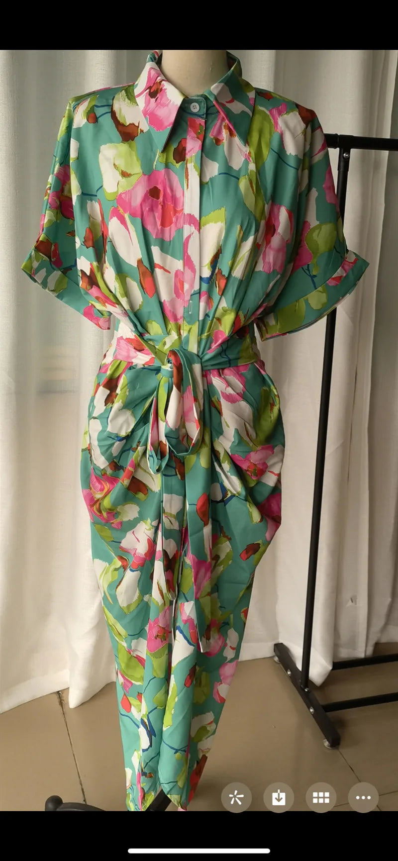 Printed Button Front Ankle Length Shirt Dress with Belt for Women