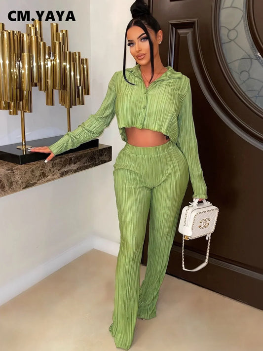 CM.YAYA Street Pleated Women's Set Long Sleeve Mini Blouse Shirt and Straight Pants Suit 2023 Two 2 Piece Set Outfits Tracksuit