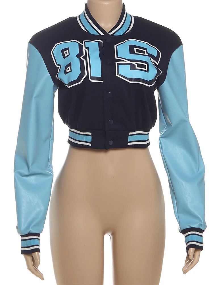 Patchwork Faux Leather Sleeve Cropped Jacket for Women