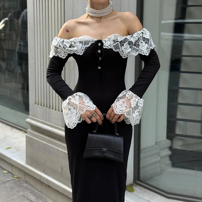 Elegant Off Shoulder Ruffle Wrap Hip Dress 2026 Sexy Lace Splicing Solid Long Dress Women's Casual Flared Sleeves Party Dresses