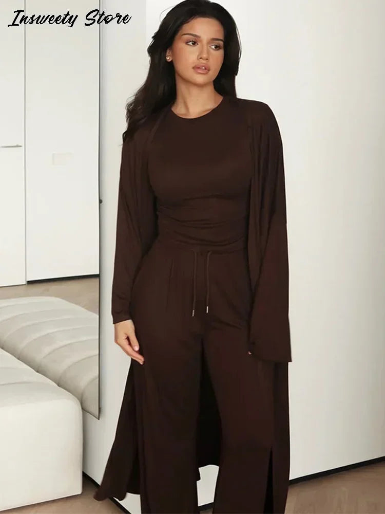Casual Three Piece Shirt, Coat And Wide Leg Pants Set for Women