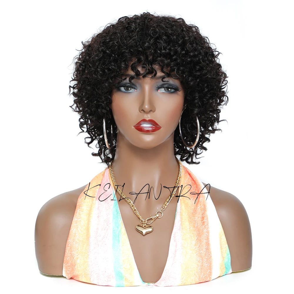 Short Curly Human Hair Wig With Bangs Afro Wig None Lace Front Human Hair Wigs for Black Women 180% Density Kinky Curly Wigs