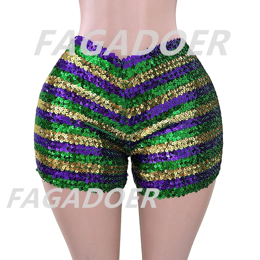 FAGADOER Y2K Sexy Sequin Shorts for Women Purple Golden Sparkling Low Waist Skinny Shorts Hot Girl Streetwear Bottoms 2025 New