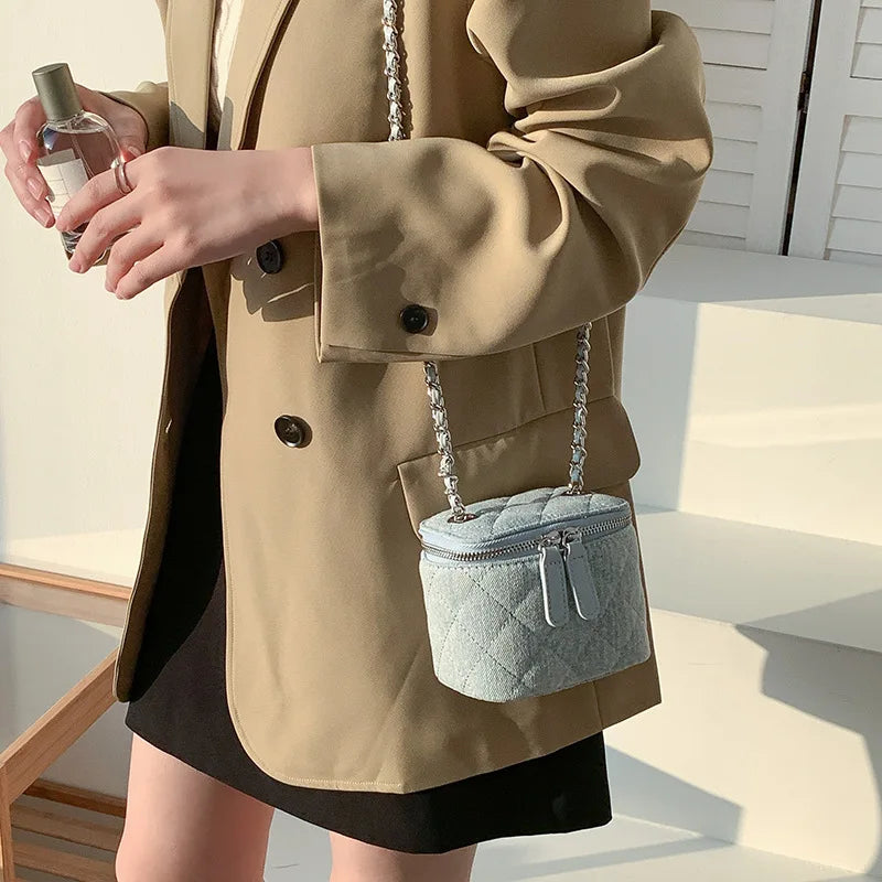 Mini Denim Crossbody Bag with Chain Strap for Women