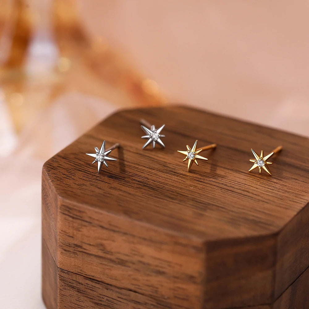 925 Sterling Silver Geometric Eight Star Stud Earrings for Women Funny Korean Zircon Small Earring Wedding Bride Luxury Jewelry