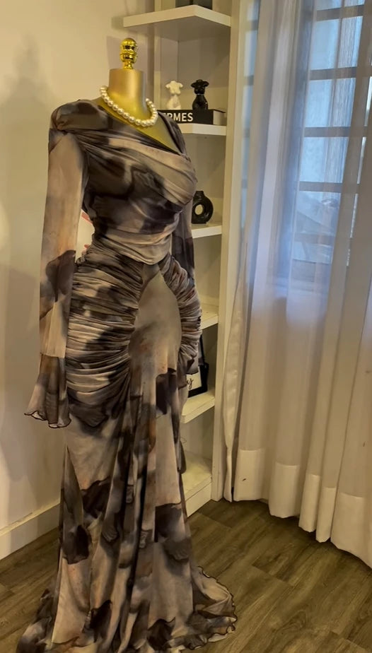 Tie Dye Ruched Skew Neck Long Sleeve Maxi Dress for Women