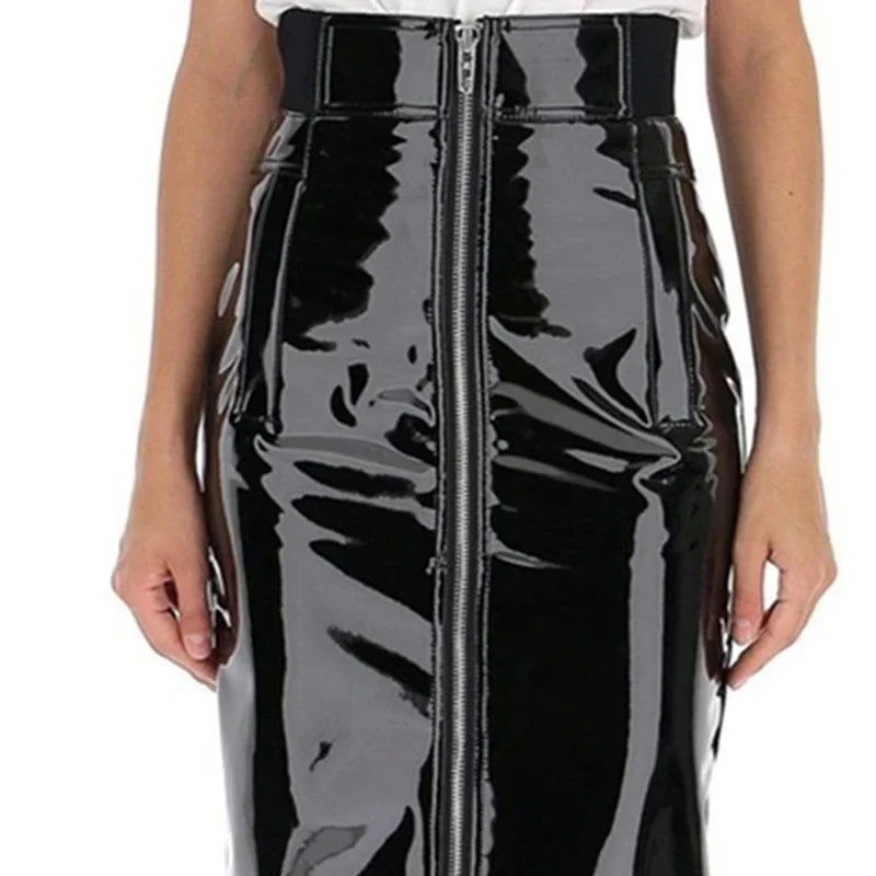 Gothic Glossy Patent Leather High Waist Pencil Skirt For Women