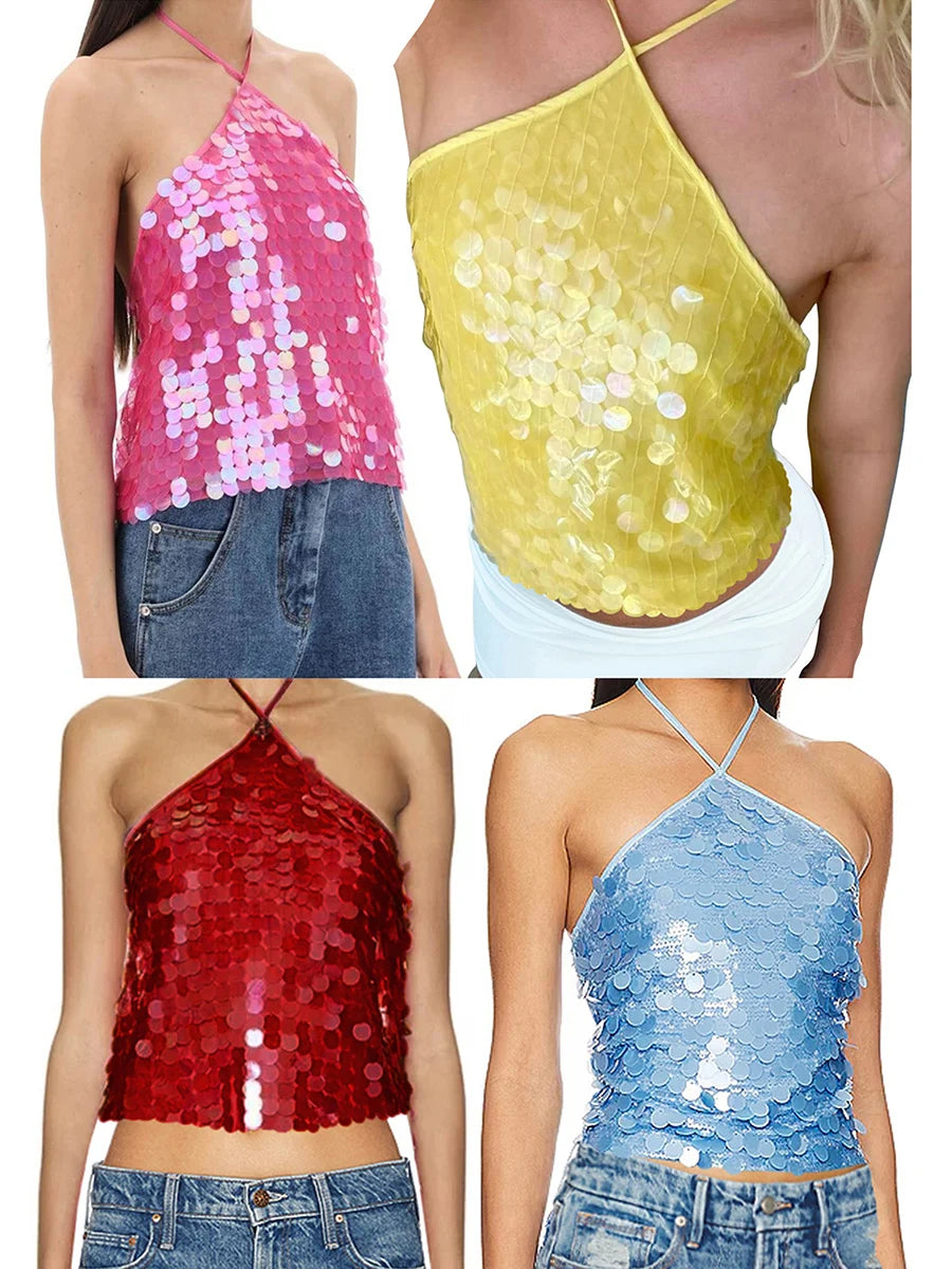 Sequin Halter Neck Backless Casual Tank Tops for Women