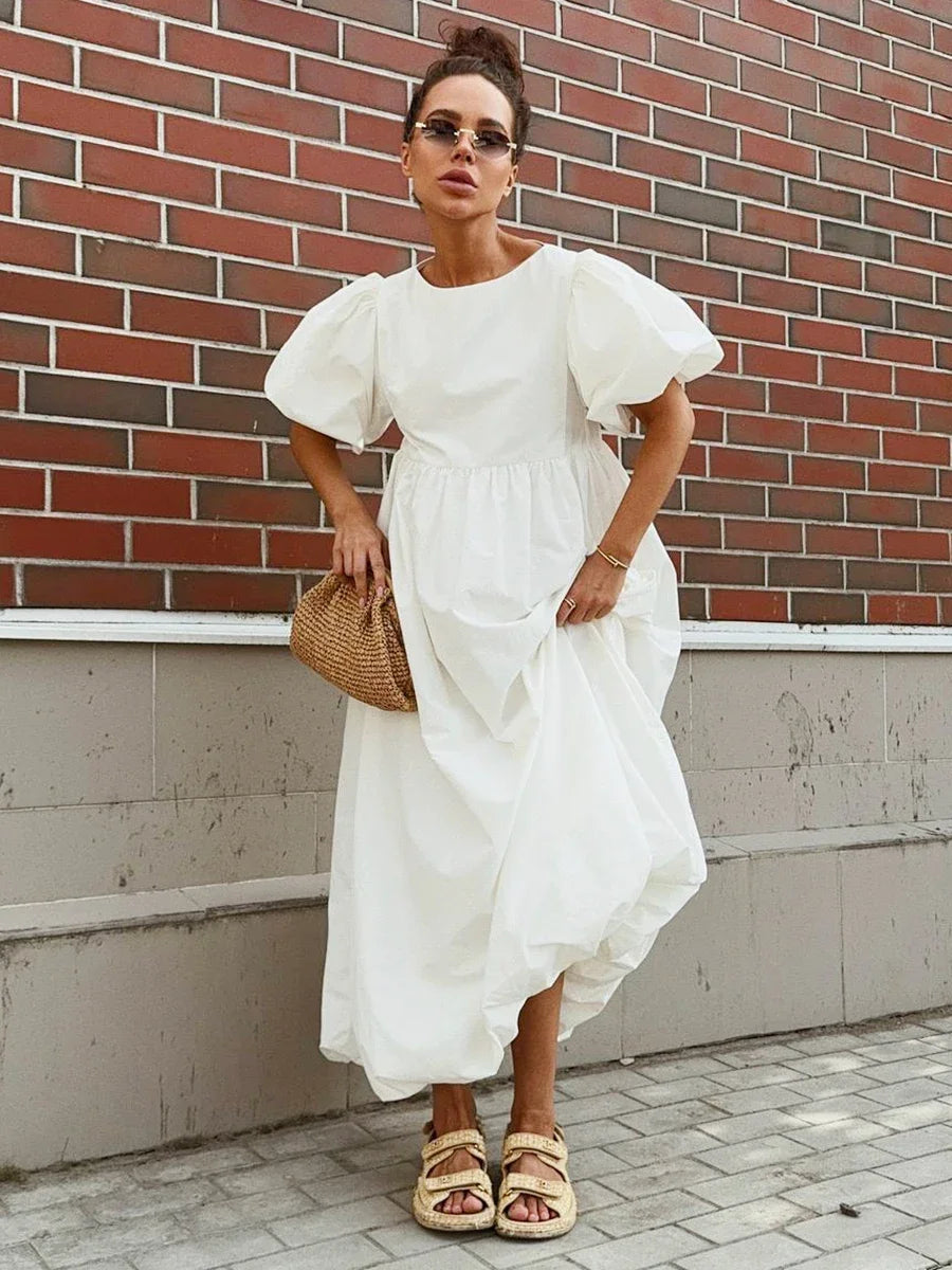 Oversized Cotton Bubble Sleeve Long Dress for Women