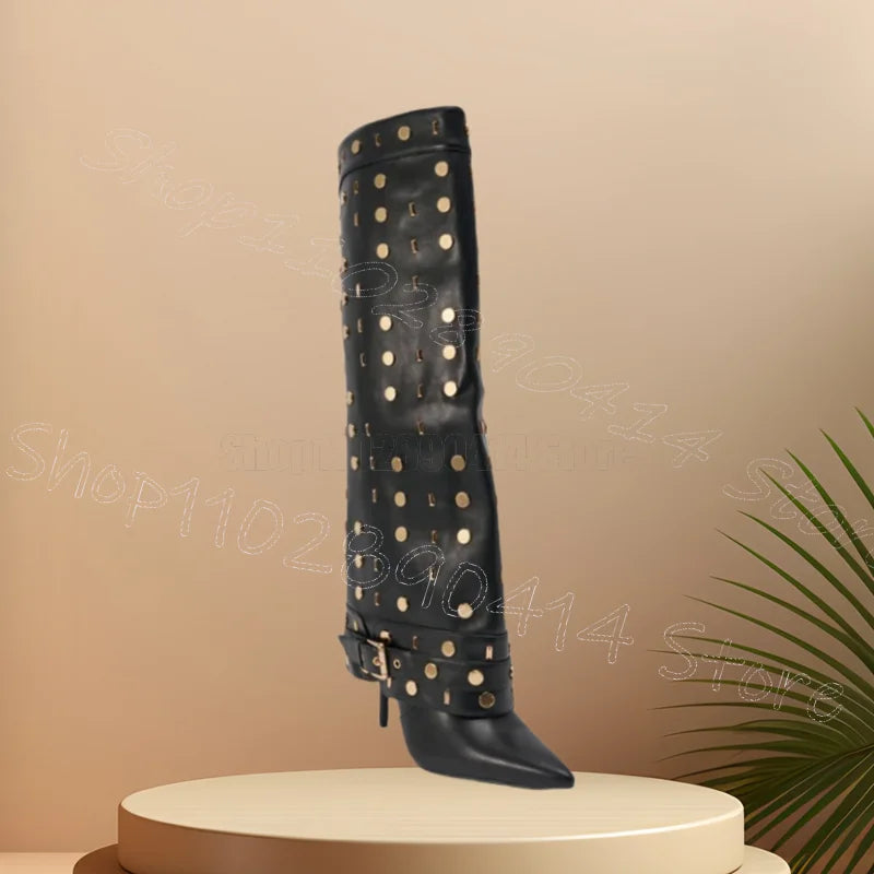 Black Fold Over Ankle Boots With Gold Rivet Buckle For Women