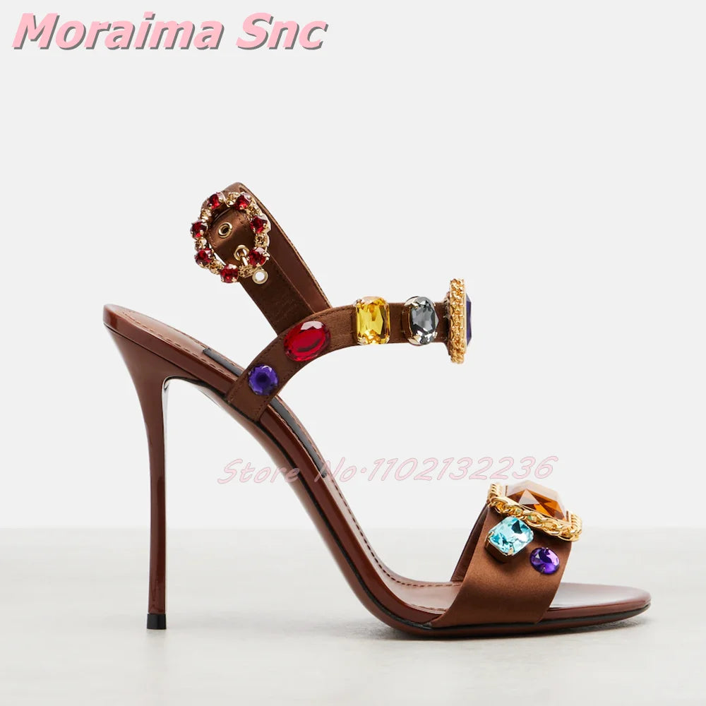Elegant Satin Crystal Buckle Strap Square Heel Sandals for Women