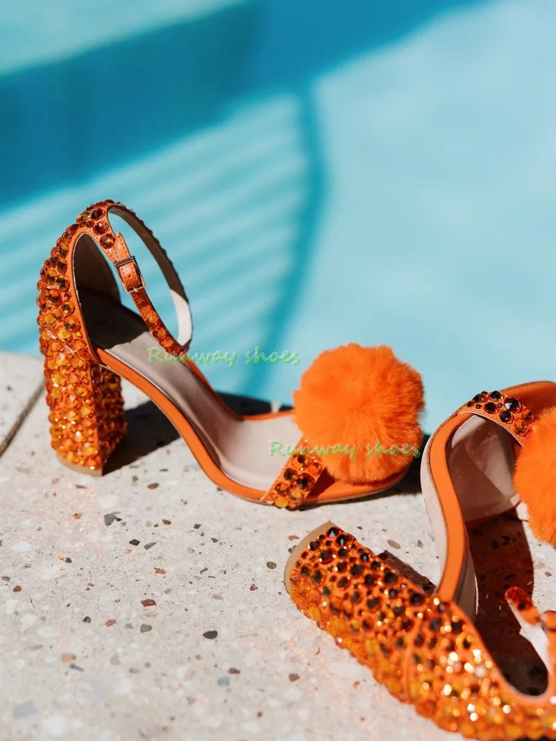 Elegant Rhinestone Open Toe Square Heel Sandals for Women