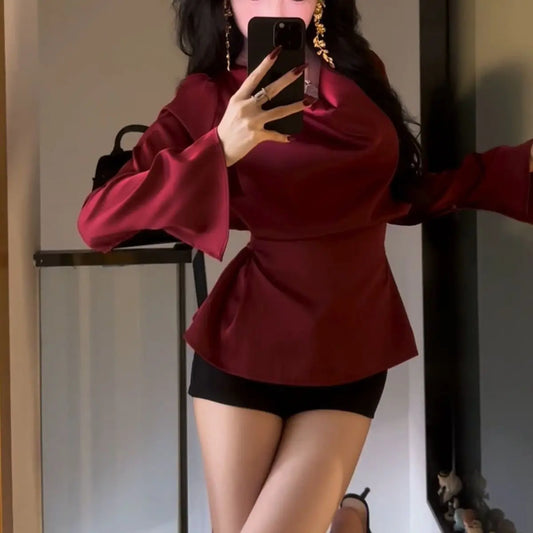 Silk Satin Basic Blouse Women Luxury Elegant Flare Long Sleeve Shirt Lady Bandage Tunic Top Korean Office Casual