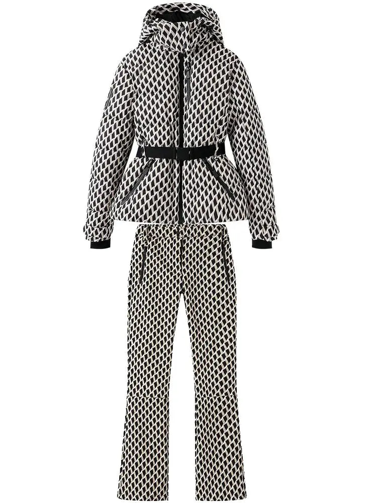 Hooded Windproof Padded Jacket And Pants Set With Belt for Women
