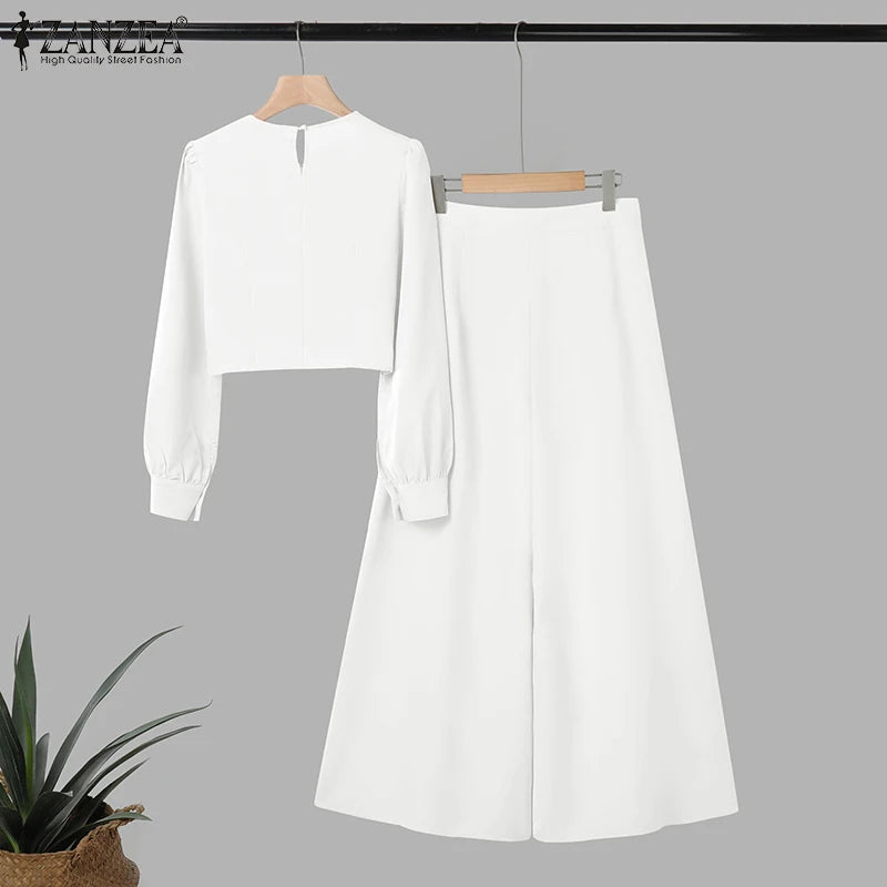 2025 Autumn Pant Sets ZANZEA Fashion 2PCS Women Outfits Solid Tracksuits Suit Long Sleeve Blouses Wide Leg Trousers 2 Piece Set