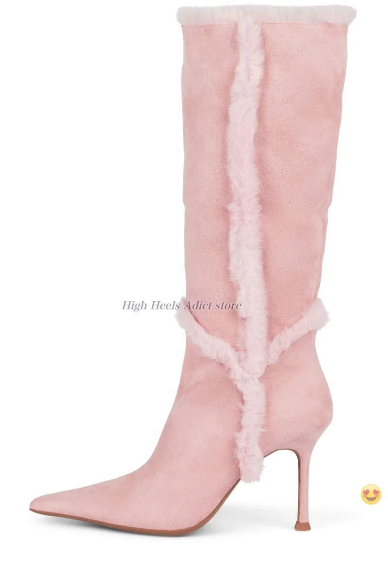 Pointy Toe Suede Fur Lined Slip On High Heel Ankle Boots For Women