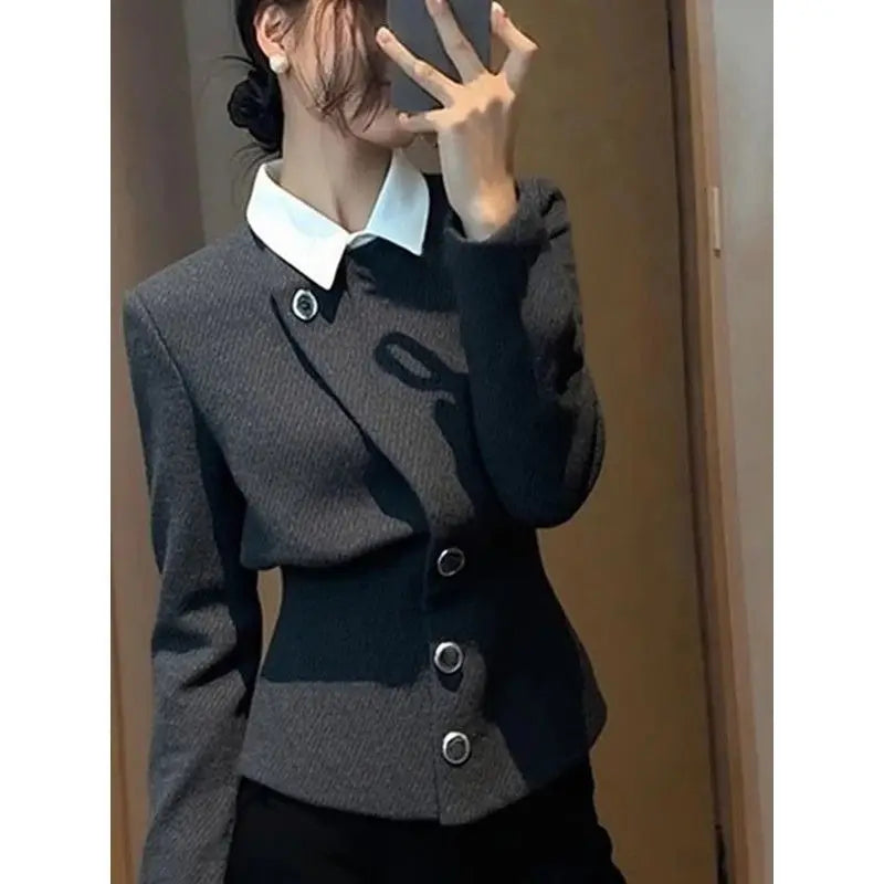 Grey Faux Two Piece Button Detail Casual Coat For Women