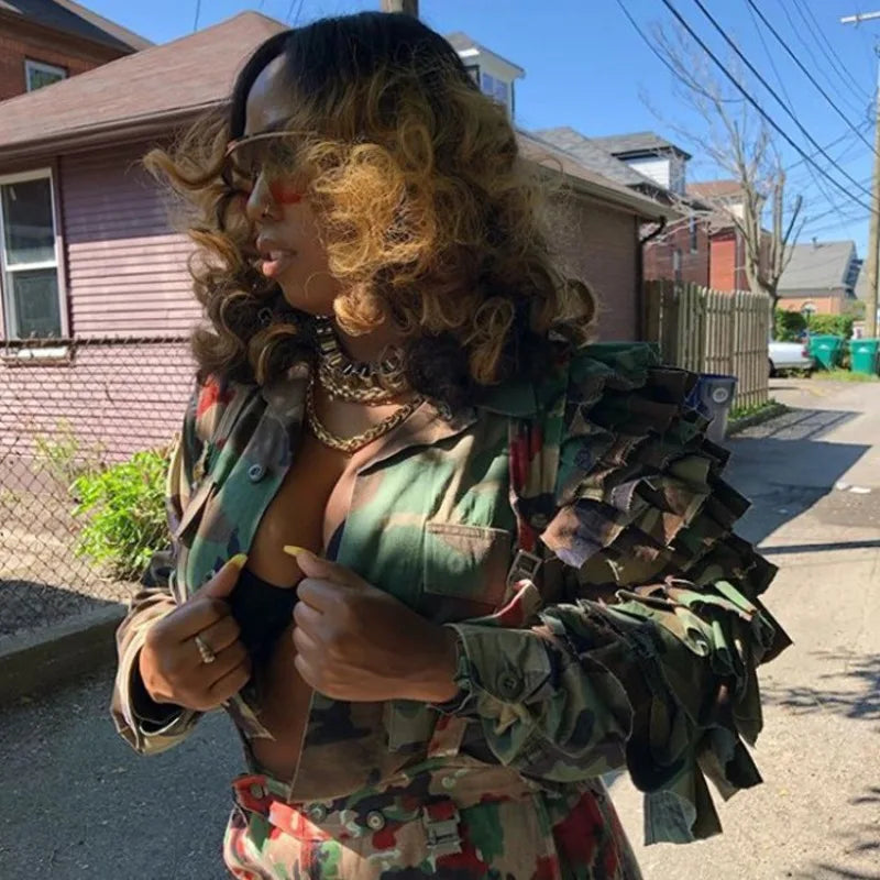 Cascading Ruffled Camouflage Crop Jacket for Women