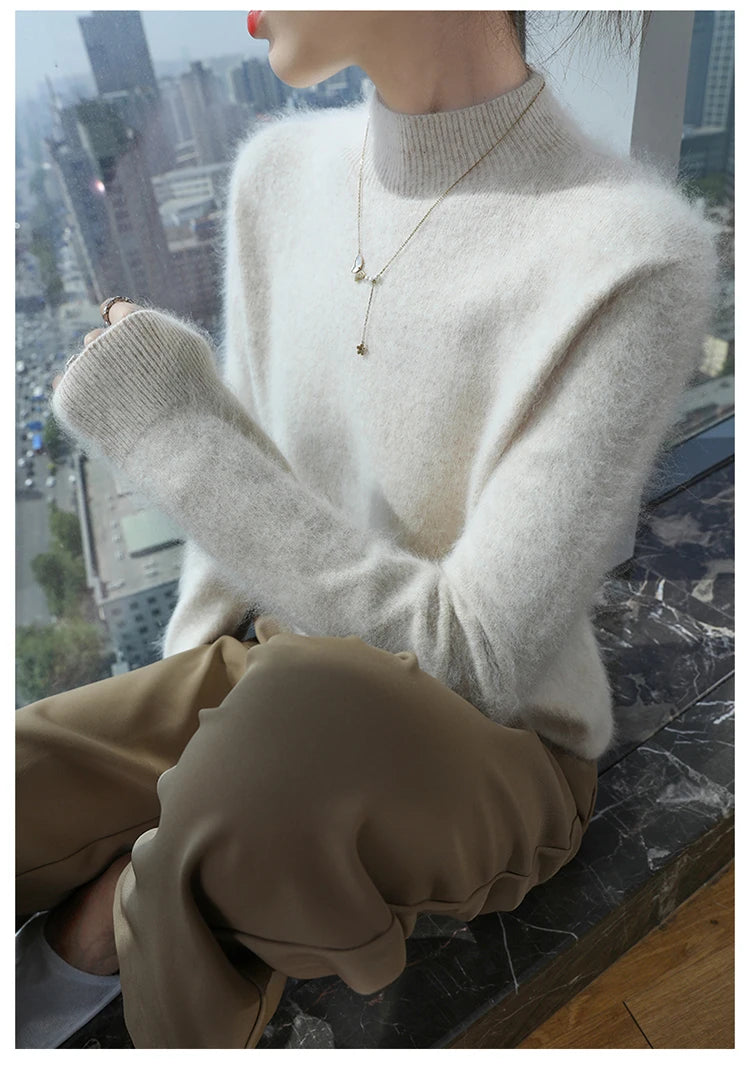 Loose Cashmere Knit Half High Neck Pullover Sweater for Women