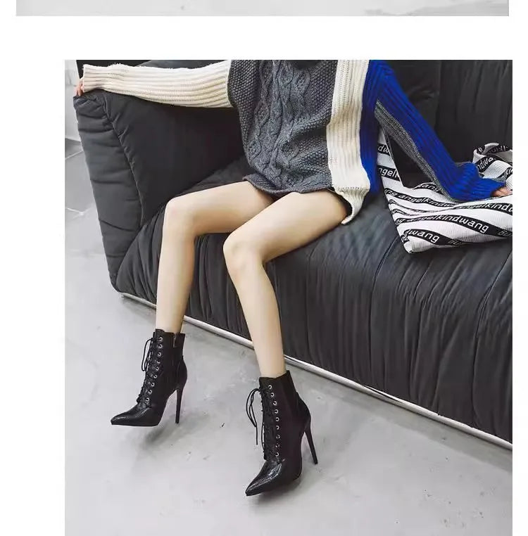 Chic Pointed Stiletto High Heel PU Leather Ankle Boots for Women