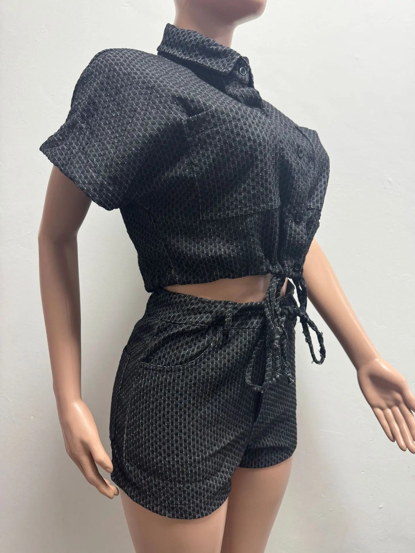Embroidered Polo Neck Two Piece Denim Shorts Set for Women